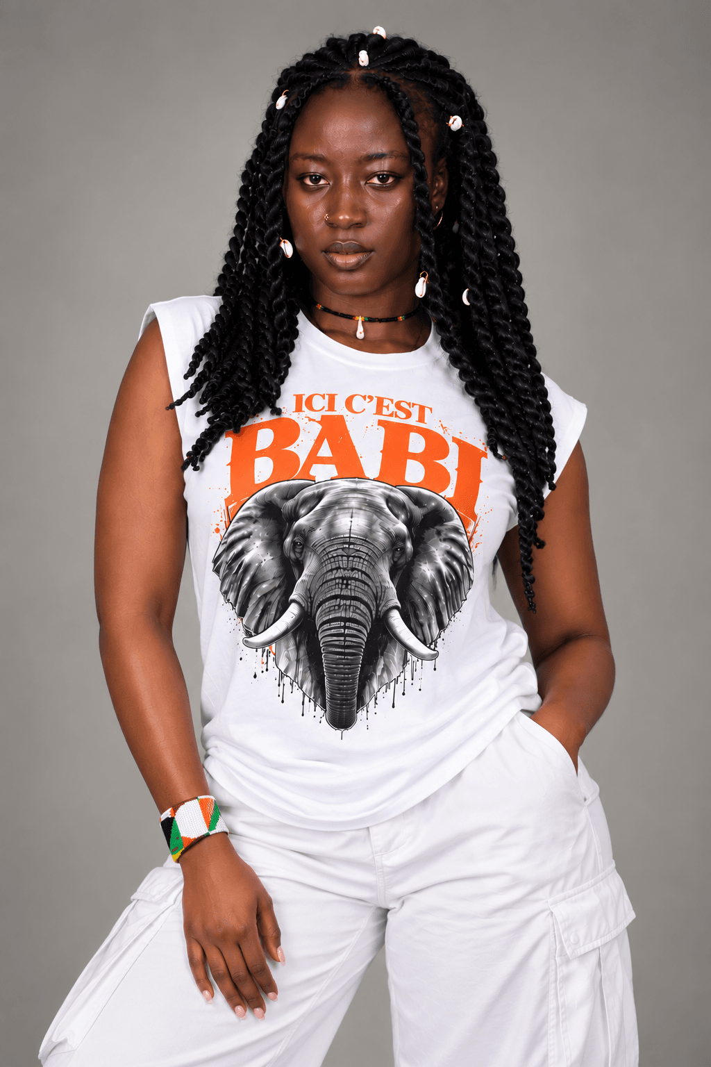 ICI C’EST BABI fashion campaign — woman wearing white elephant graphic tee